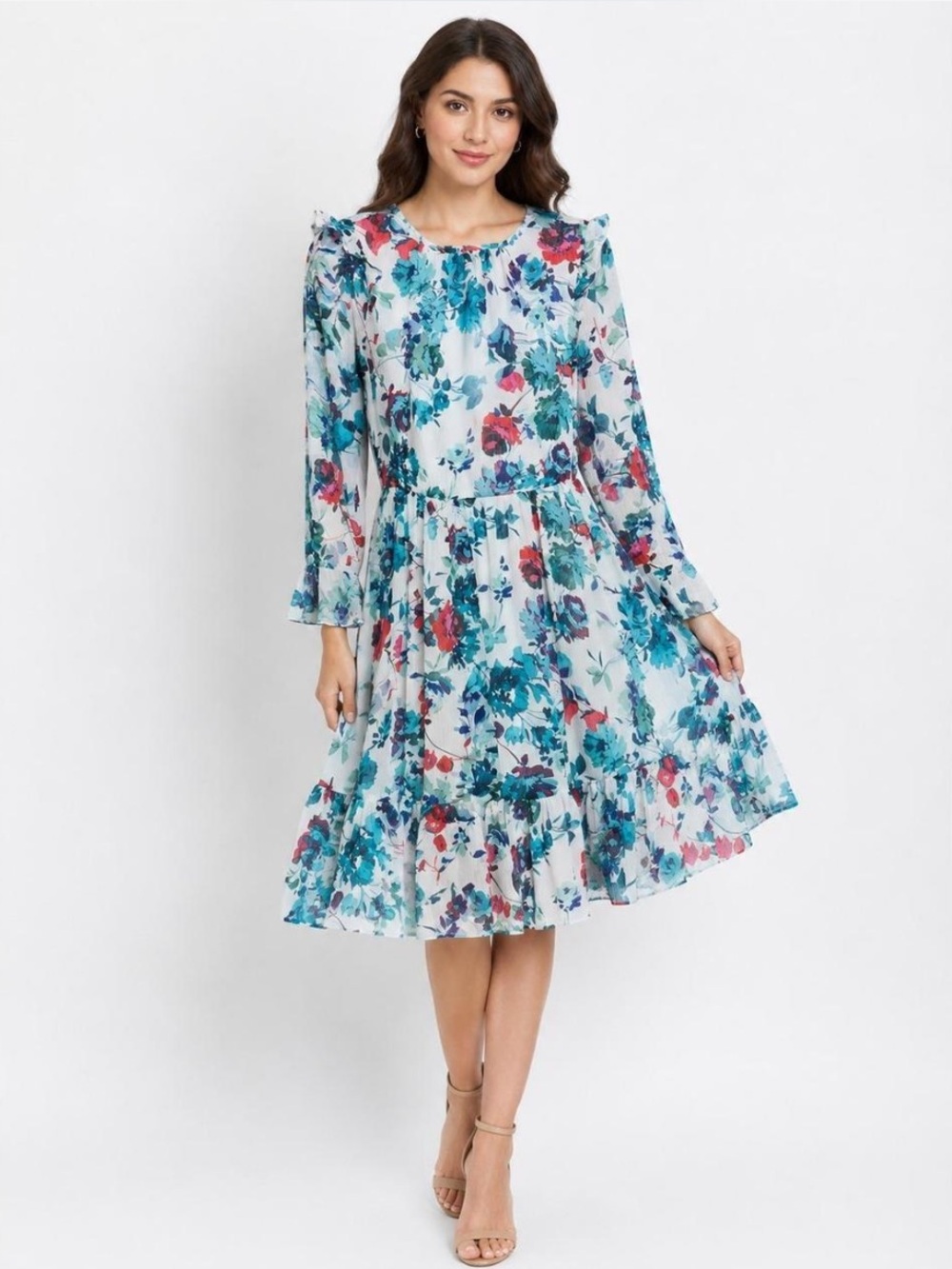 Calvin Klein White Floral Midi Dress with Blue and Teal Bouquet